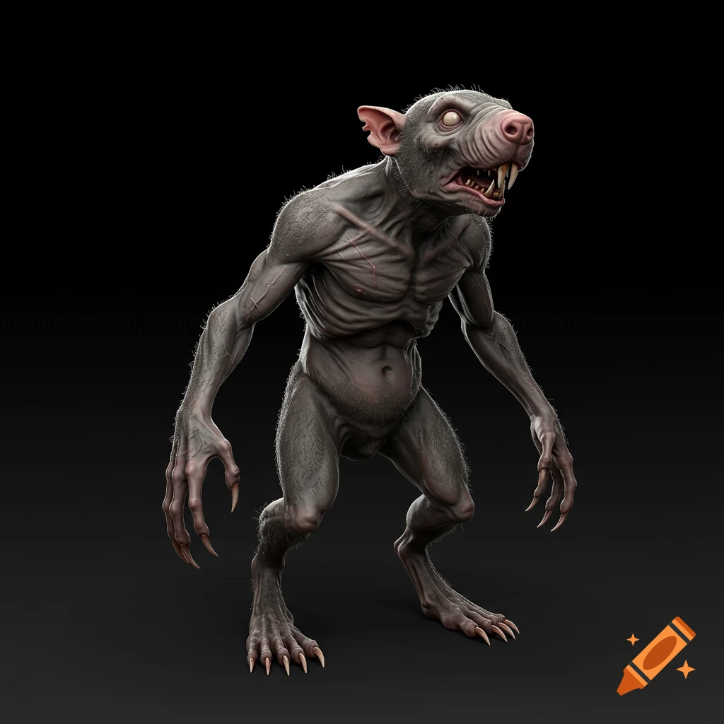 A grotesque rat-like humanoid creature, similar to a Skaven, standing in a t-pose against a black background, rendered as a detailed 3D model.