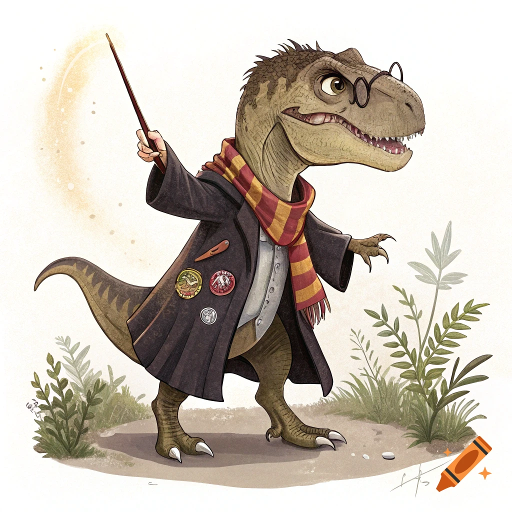 A cartoon Tyrannosaurus Rex dressed as Harry Potter, wearing a robe, Gryffindor scarf, and glasses, holding a magic wand.