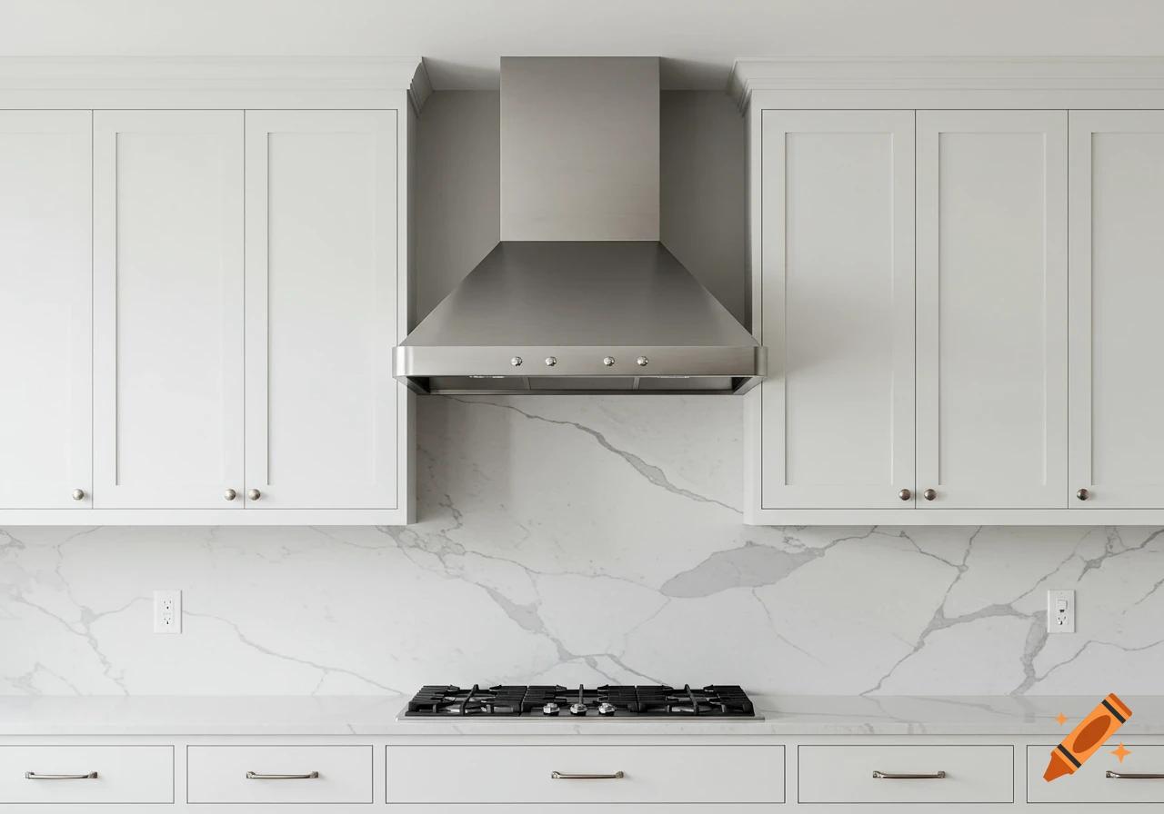 A modern kitchen with white cabinets, a stainless steel range hood, and a gas cooktop on a marble countertop.