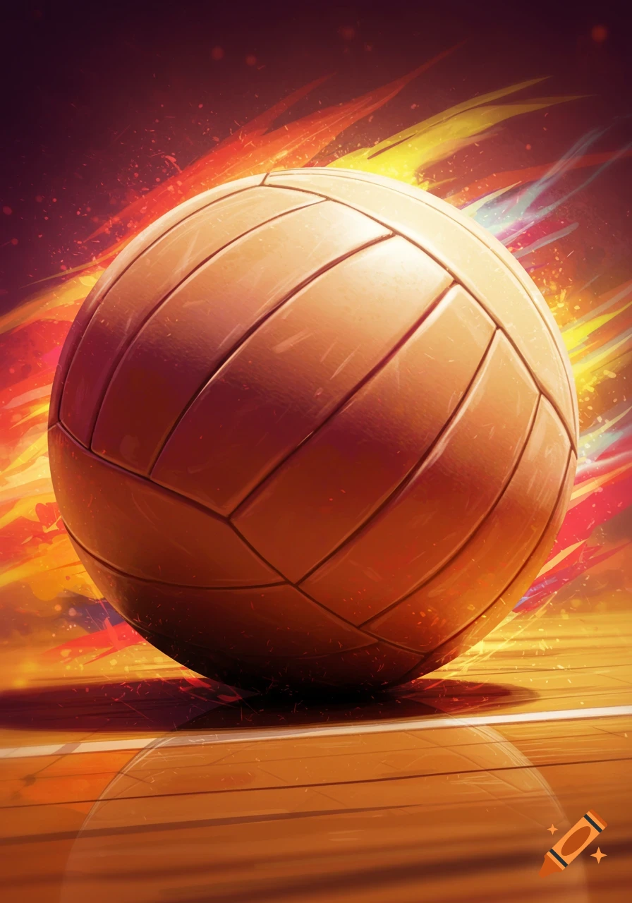 A close-up of a volleyball on a court, with a vibrant, fiery, abstract background.