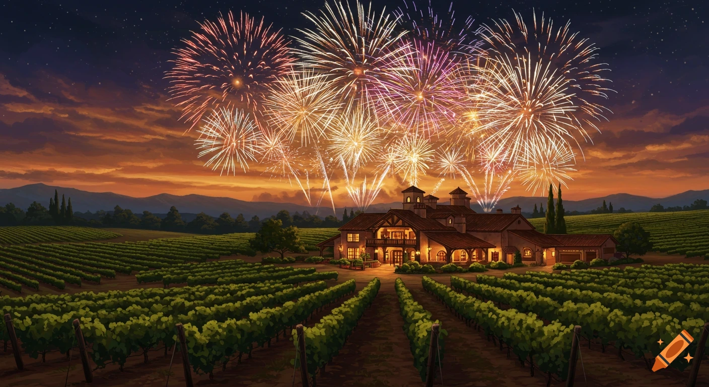Fireworks light up the night sky over a vineyard and large building at sunset.