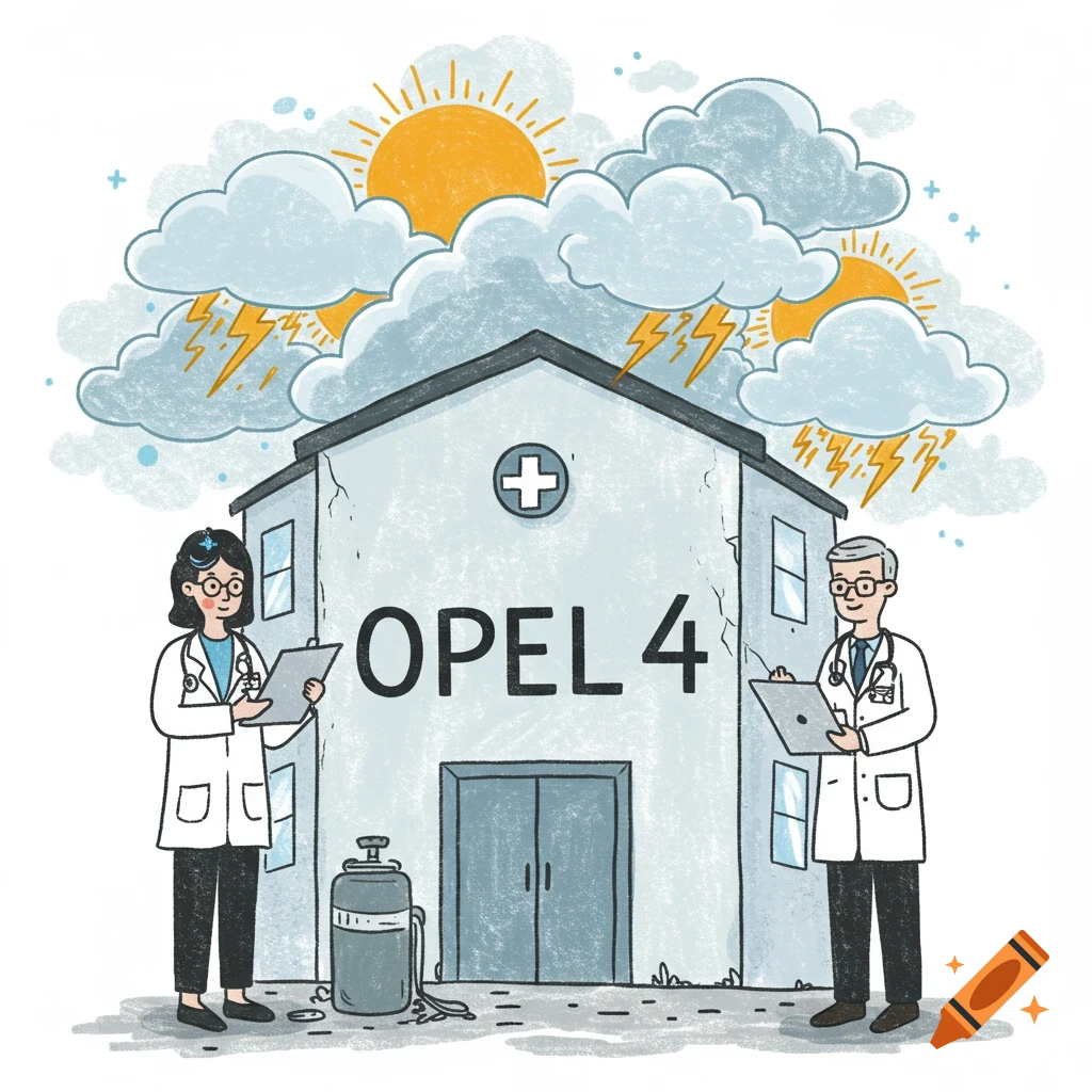 An illustration of a hospital building with 'OPEL 4' on its facade, flanked by a female doctor and a male doctor, under a sky with both suns and stormy clouds with lightning.