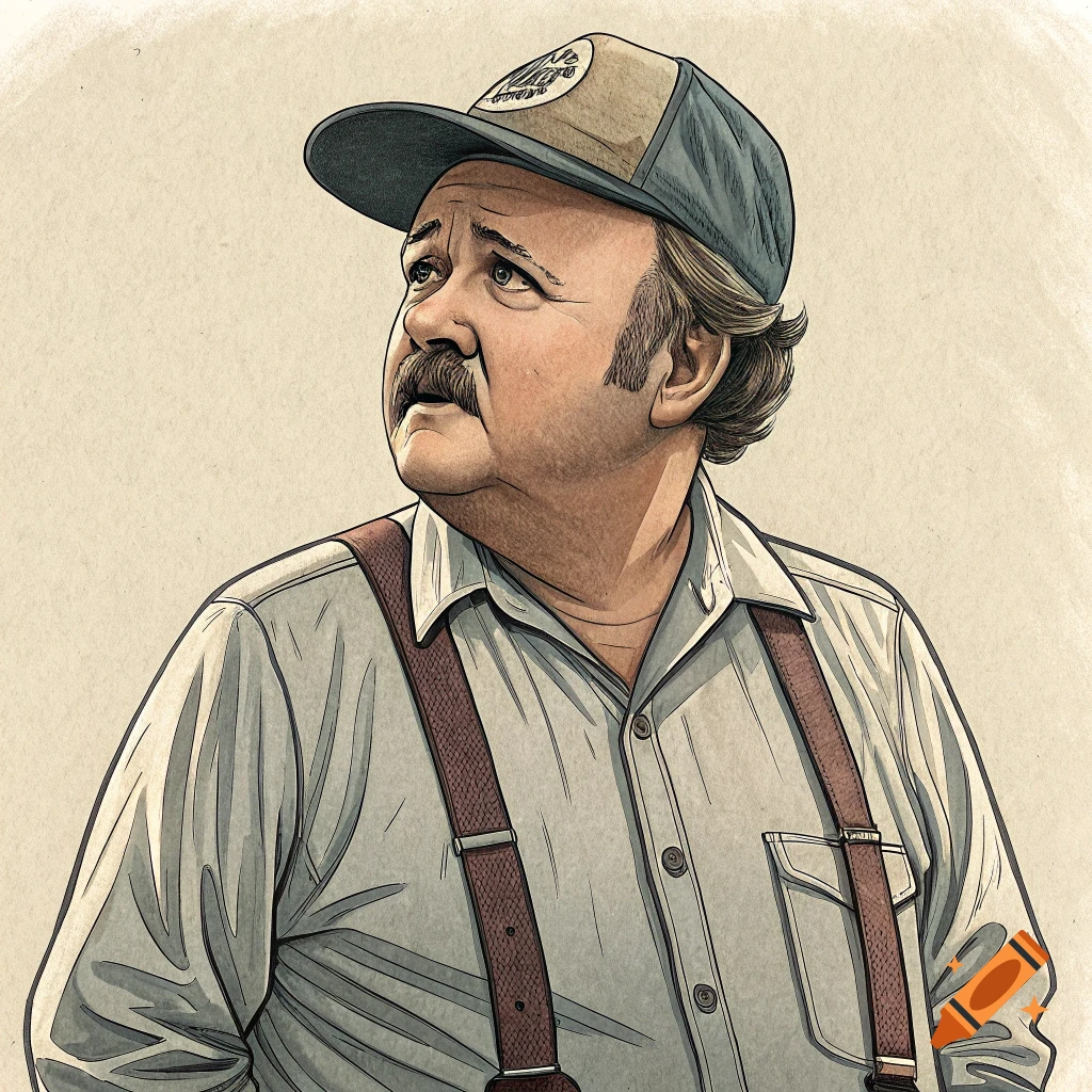 An illustrative portrait of a man resembling Archie Bunker, wearing a light-colored collared shirt, suspenders, and a baseball cap, looking up and to the left.