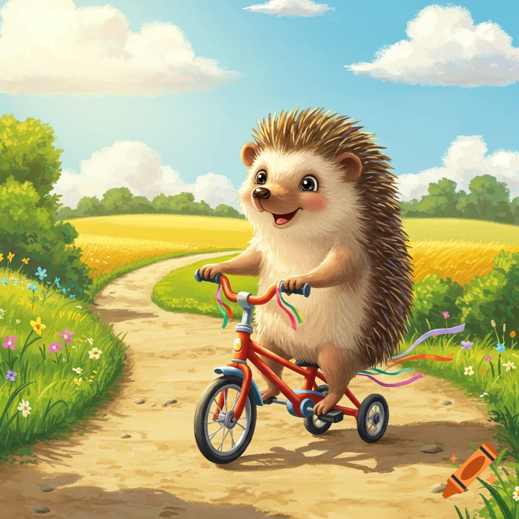 A smiling cartoon hedgehog rides a red tricycle on a dirt path through a sunny field.