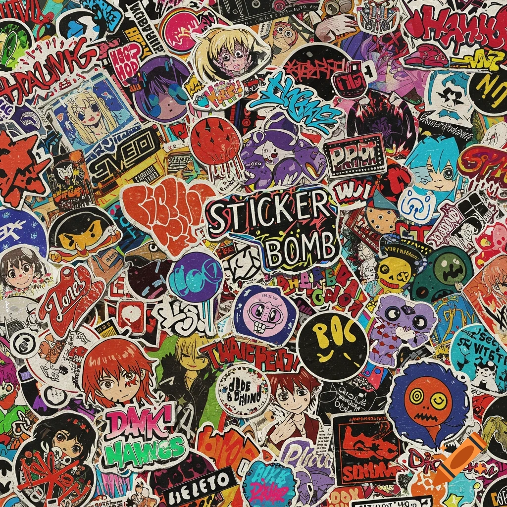 A dense, vibrant collage of overlapping, colorful anime and graffiti-style stickers, creating a 'sticker bomb' effect.