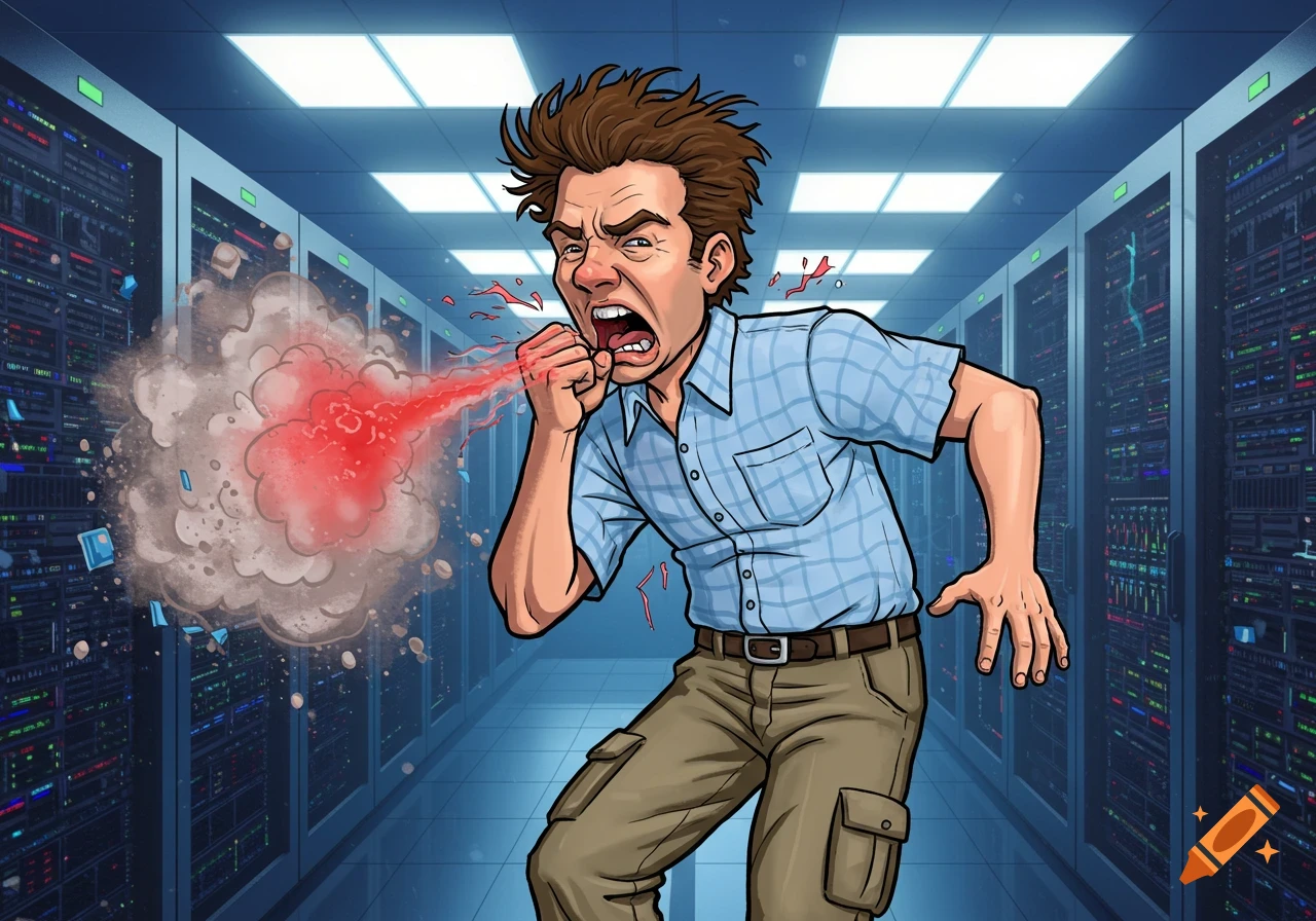 A cartoon man in a server room violently coughs a red burst of energy into his hand.