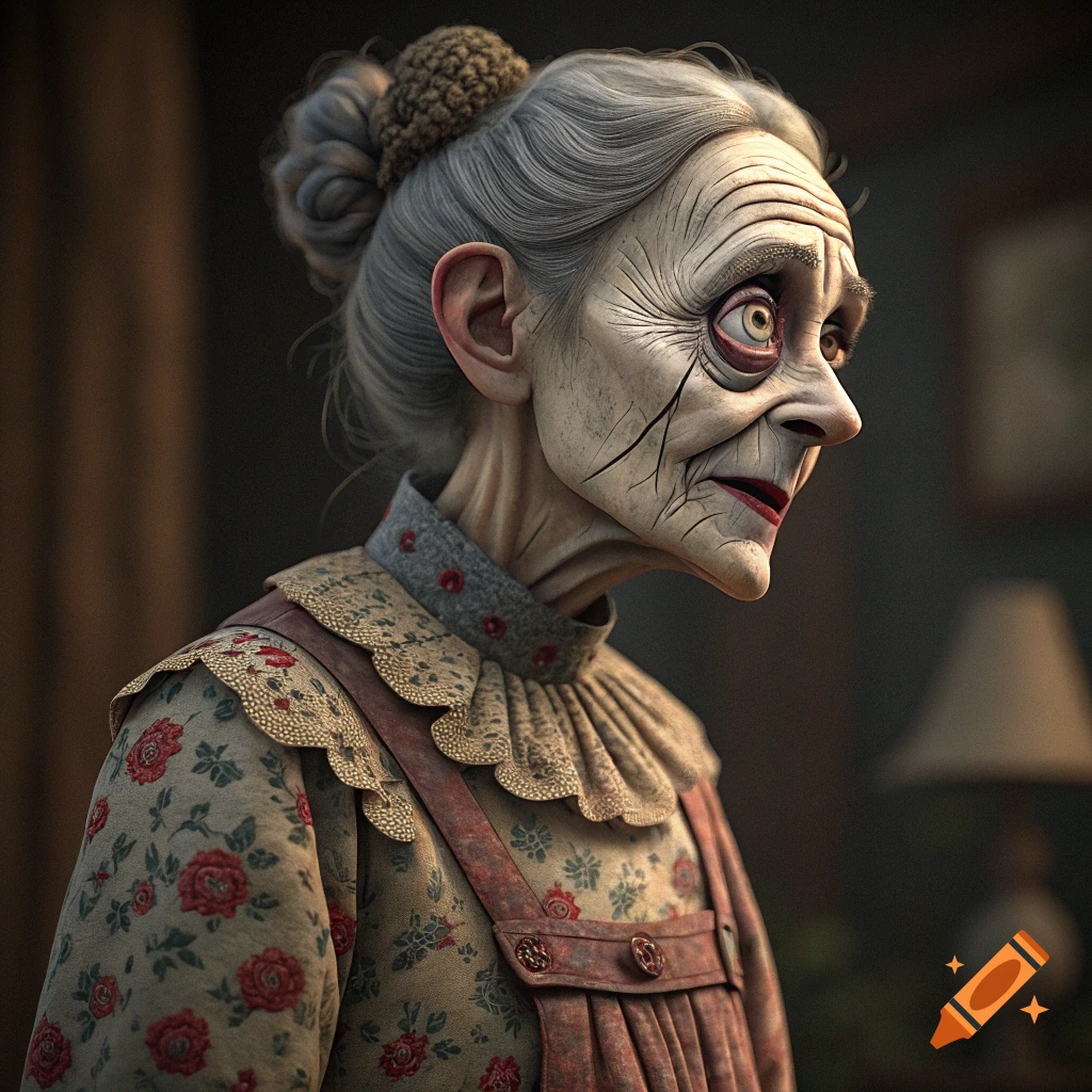 A puppet resembling Jigsaw from the Saw movies, designed as an elderly woman with pale, wrinkled skin, gray hair, and a floral dress, side profile.