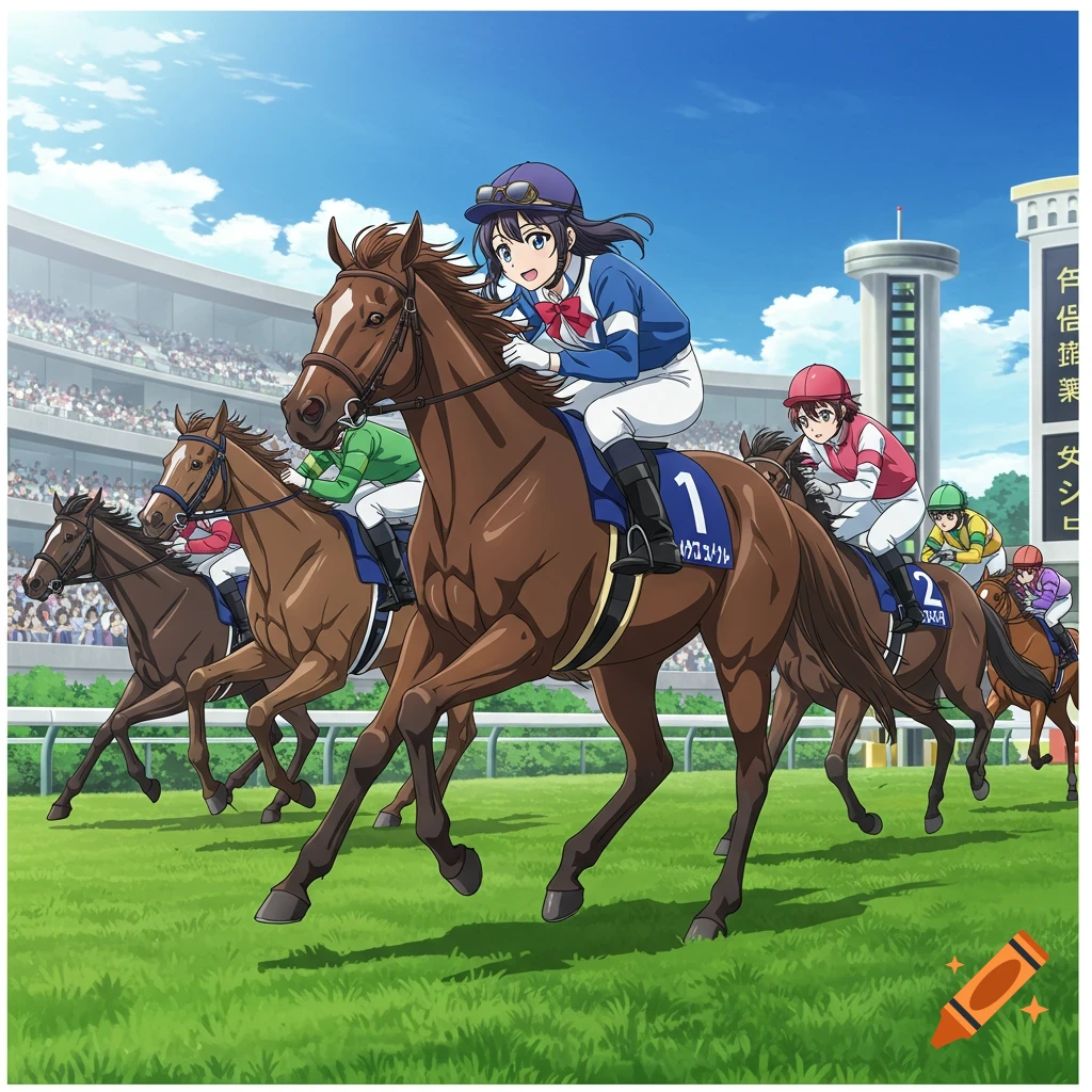 Anime-style jockeys riding horses during a race on a green track with a grandstand in the background.