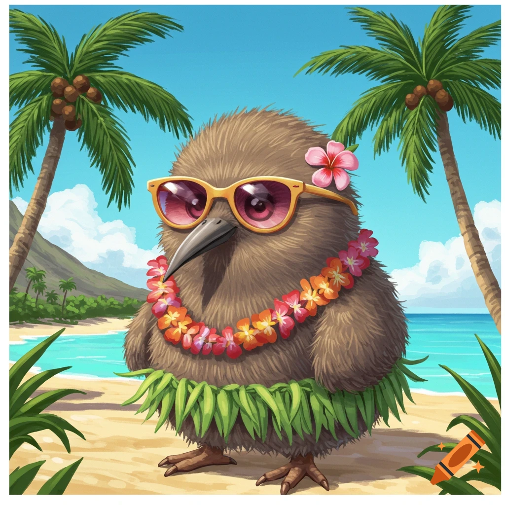 A cute fluffy kiwi bird wearing sunglasses, a lei, and a grass skirt stands on a sunny tropical beach with palm trees and an ocean.