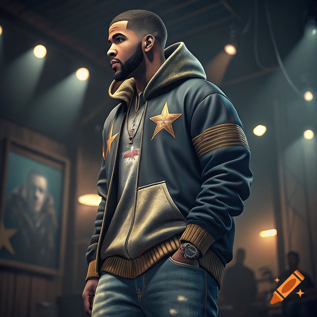 A man resembling Drake with a beard and fade haircut, wearing a black and gold letterman jacket and jeans, stands under spotlights in a room.