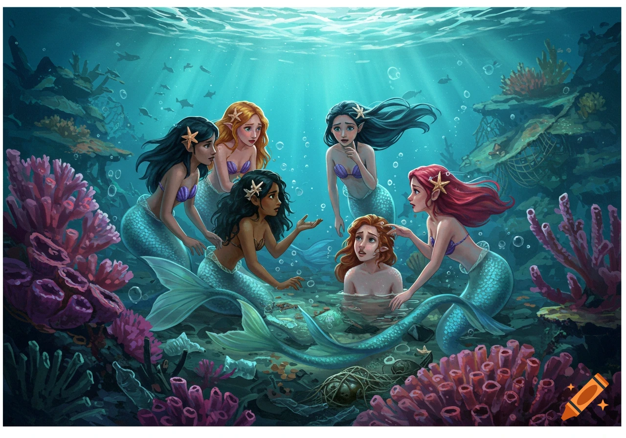 A group of diverse mermaids gathered underwater, surrounded by coral and sea life, observing plastic pollution and a discarded fishing net.
