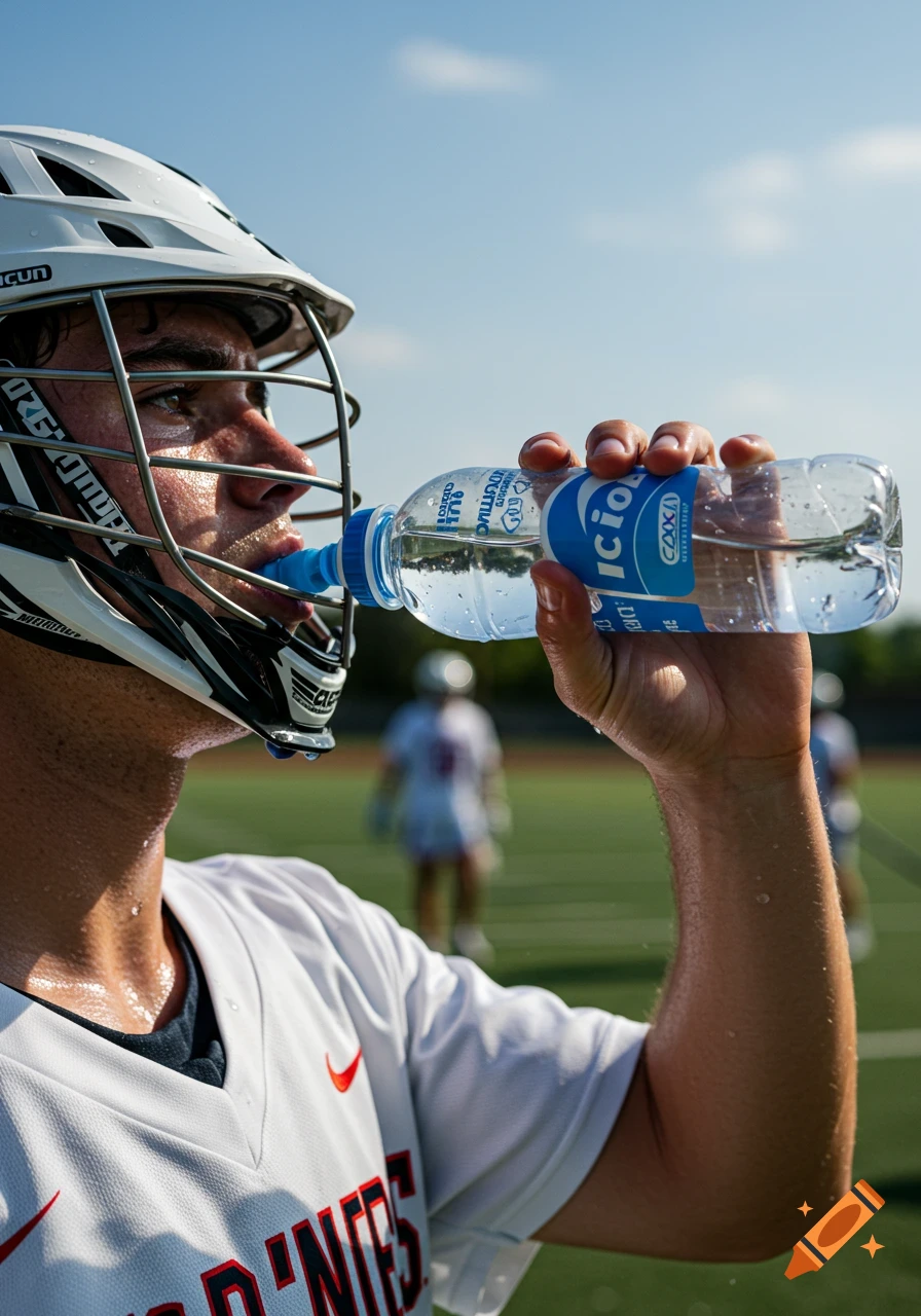 A sweaty lacrosse player in a helmet drinks water from a clear bottle on a sunny field.