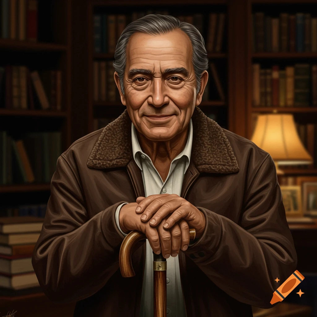 An older man with gray hair in a brown jacket smiles while leaning on a cane in a library, photorealistic style.