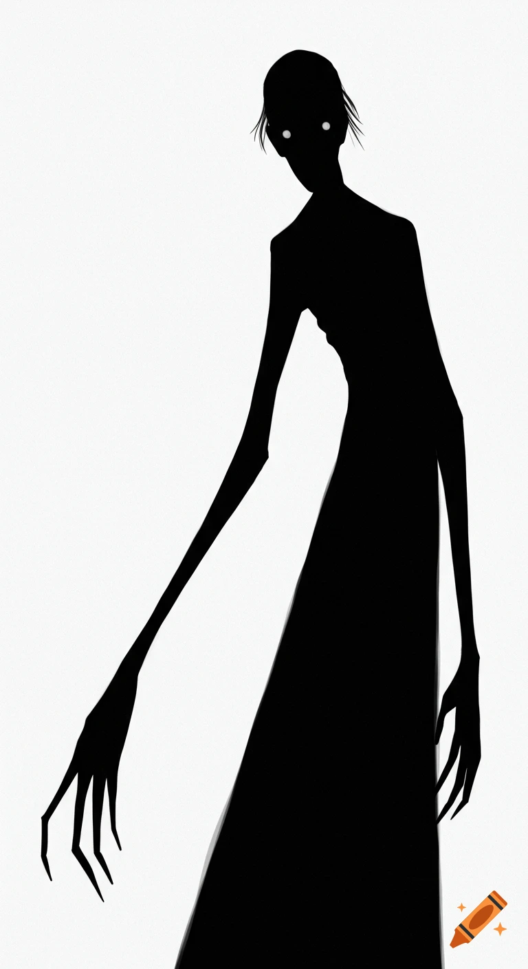 A tall, slender black silhouette figure with glowing white eyes and long, clawed fingers on a white background, in a minimalist, eerie style.