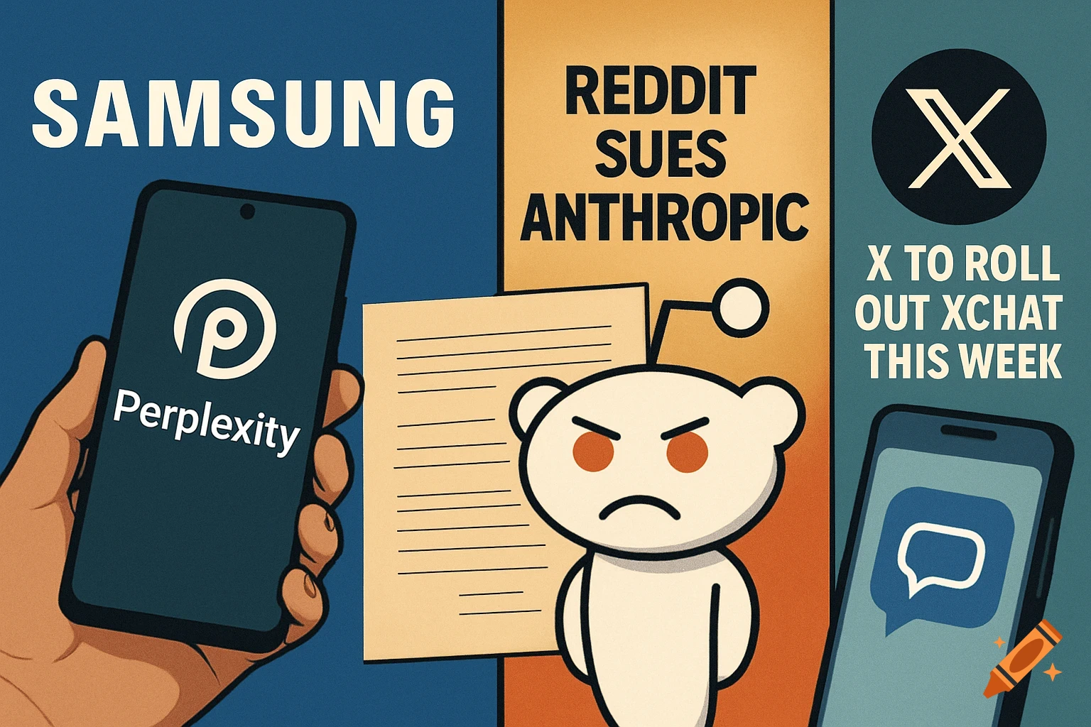 An illustration showing Samsung, Perplexity, Reddit suing Anthropic, and X rolling out XChat, depicting tech news updates.