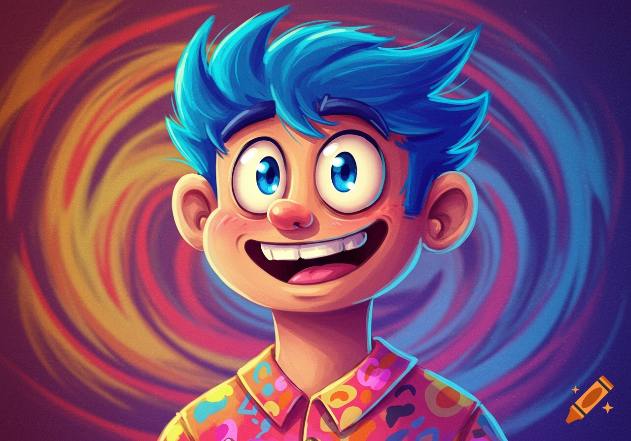 A vibrant cartoon boy with spiky blue hair and wide blue eyes smiles broadly, wearing a colorful, patterned shirt. He is set against a swirling background of warm and cool colors.