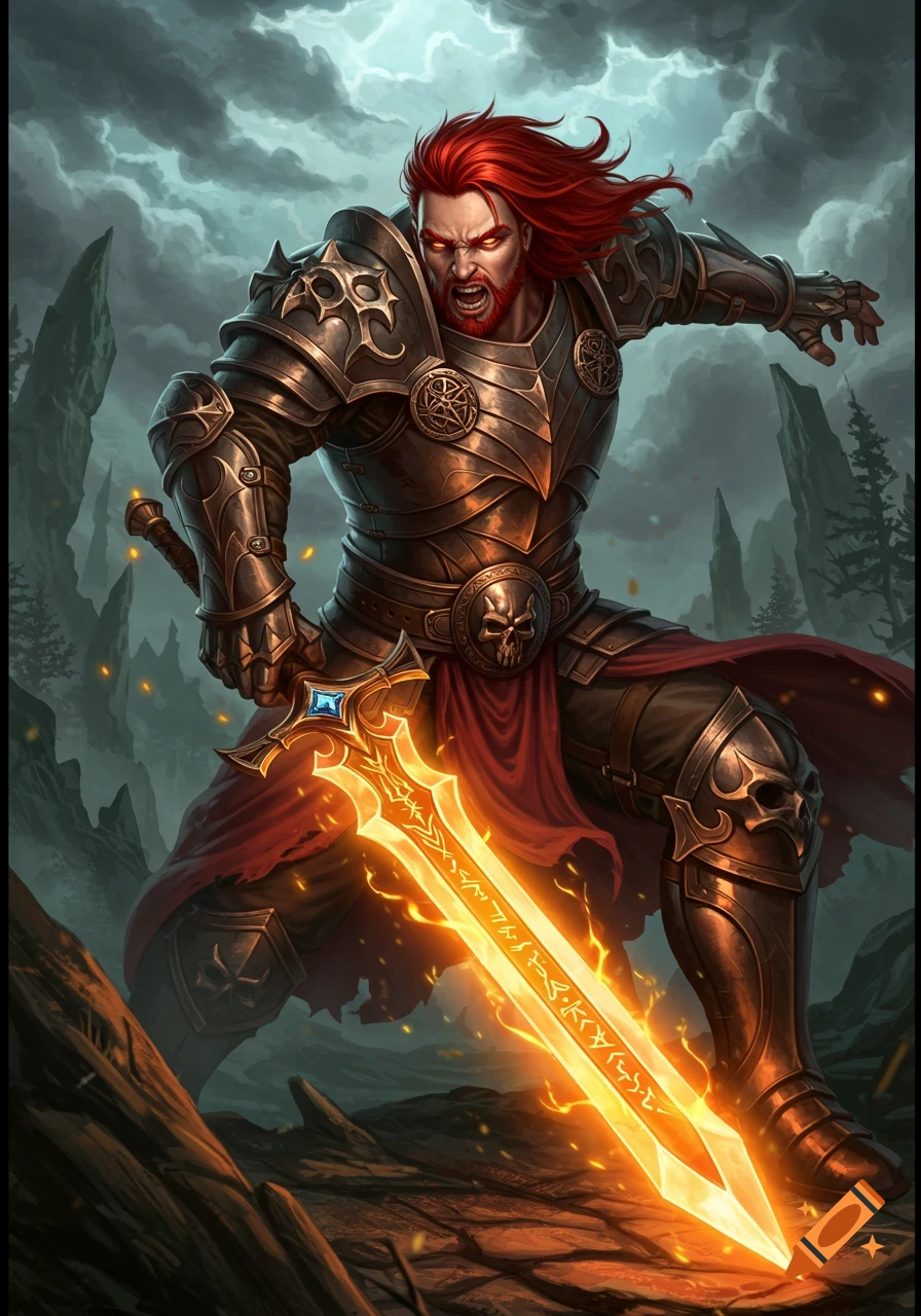 A muscular male warrior with long red hair and a beard, wearing ornate ...