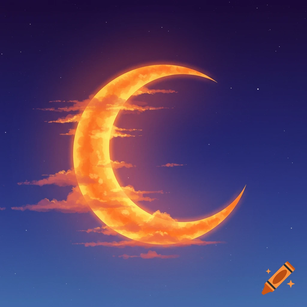 A glowing orange crescent moon with fiery cloud-like textures against a dark blue and purple night sky with tiny stars.