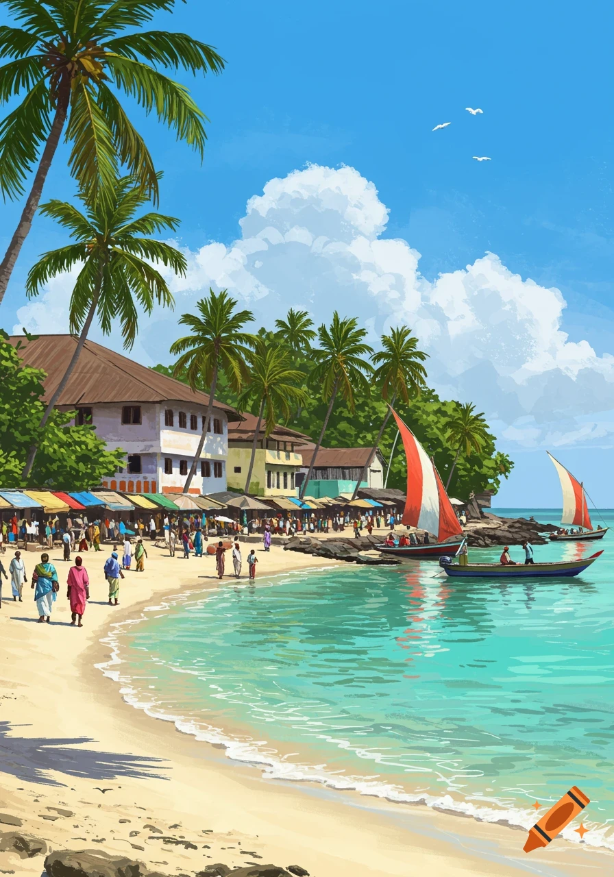 Vibrant illustration of a bustling tropical beach market with people, buildings, palm trees, and sailboats on turquoise water.