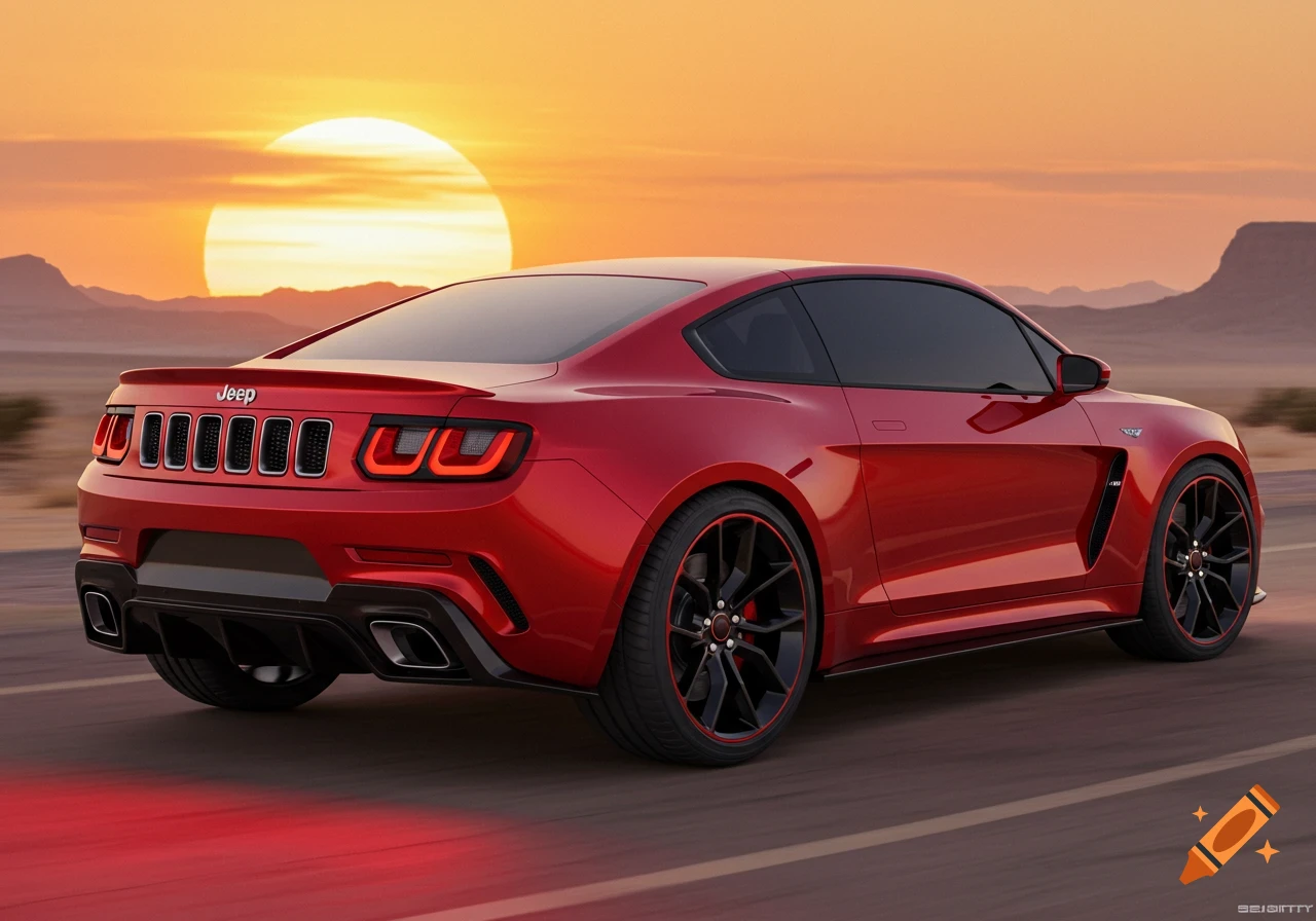 A red two-door Jeep sports car drives on a desert road at sunset.