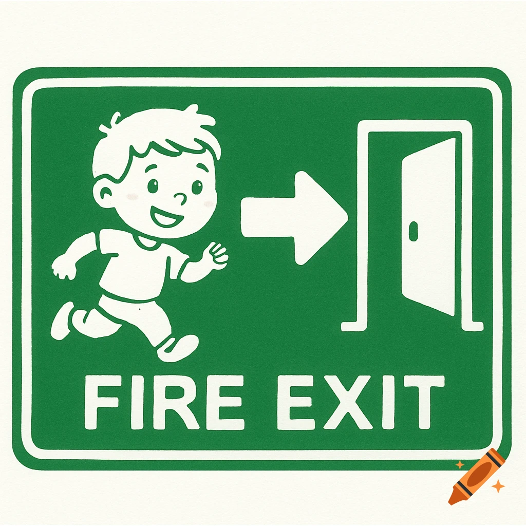 A green rectangular fire exit sign with a white cartoon child running towards an open door and arrow, text 'FIRE EXIT' below.