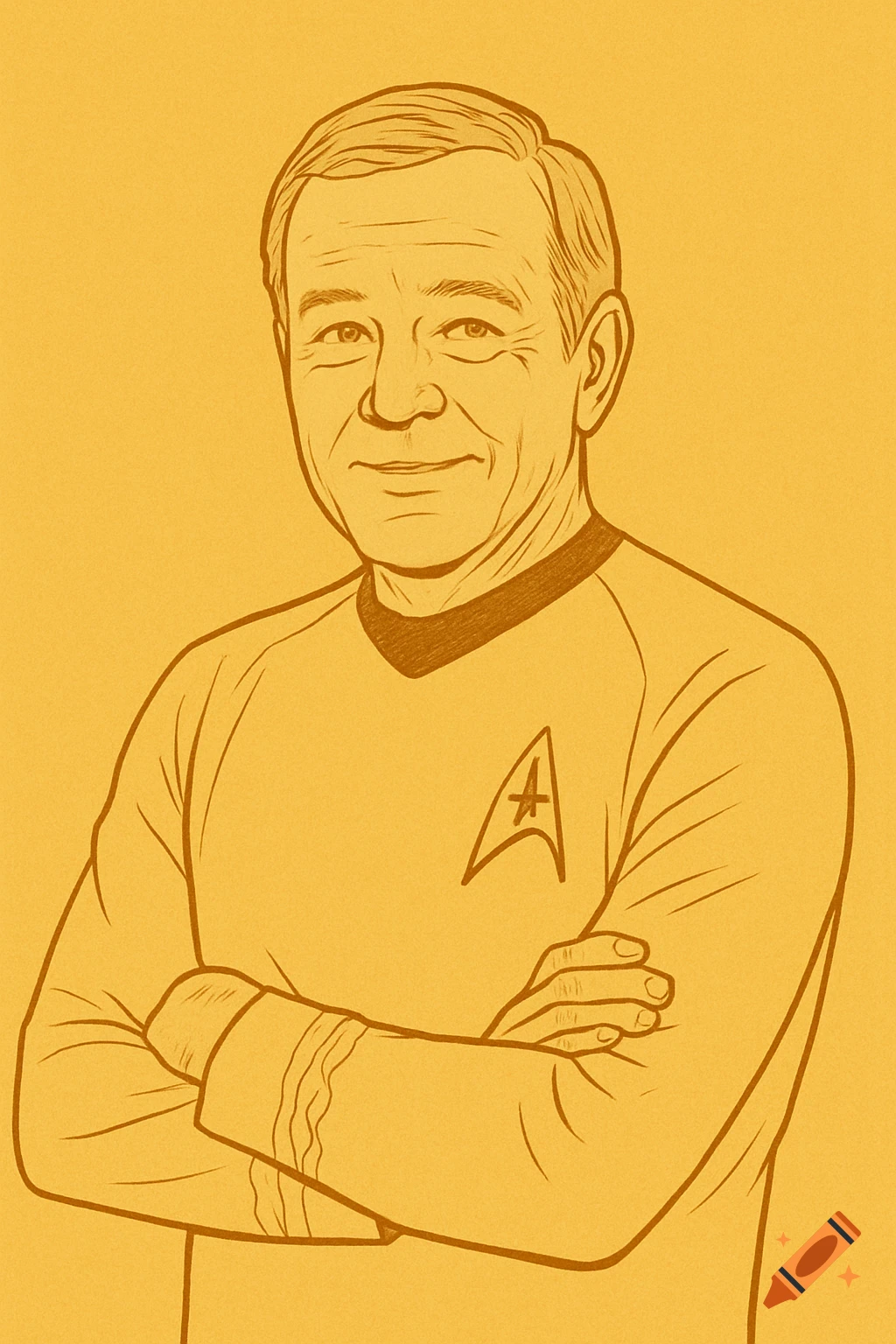 A warm yellow line drawing of a middle-aged man in a Starfleet uniform, arms crossed, smiling slightly.