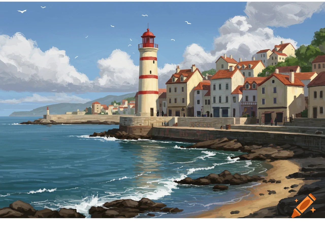 Digital painting of a coastal town with a red and white striped lighthouse by the ocean, rocky beach, and buildings on a hillside under a blue sky.