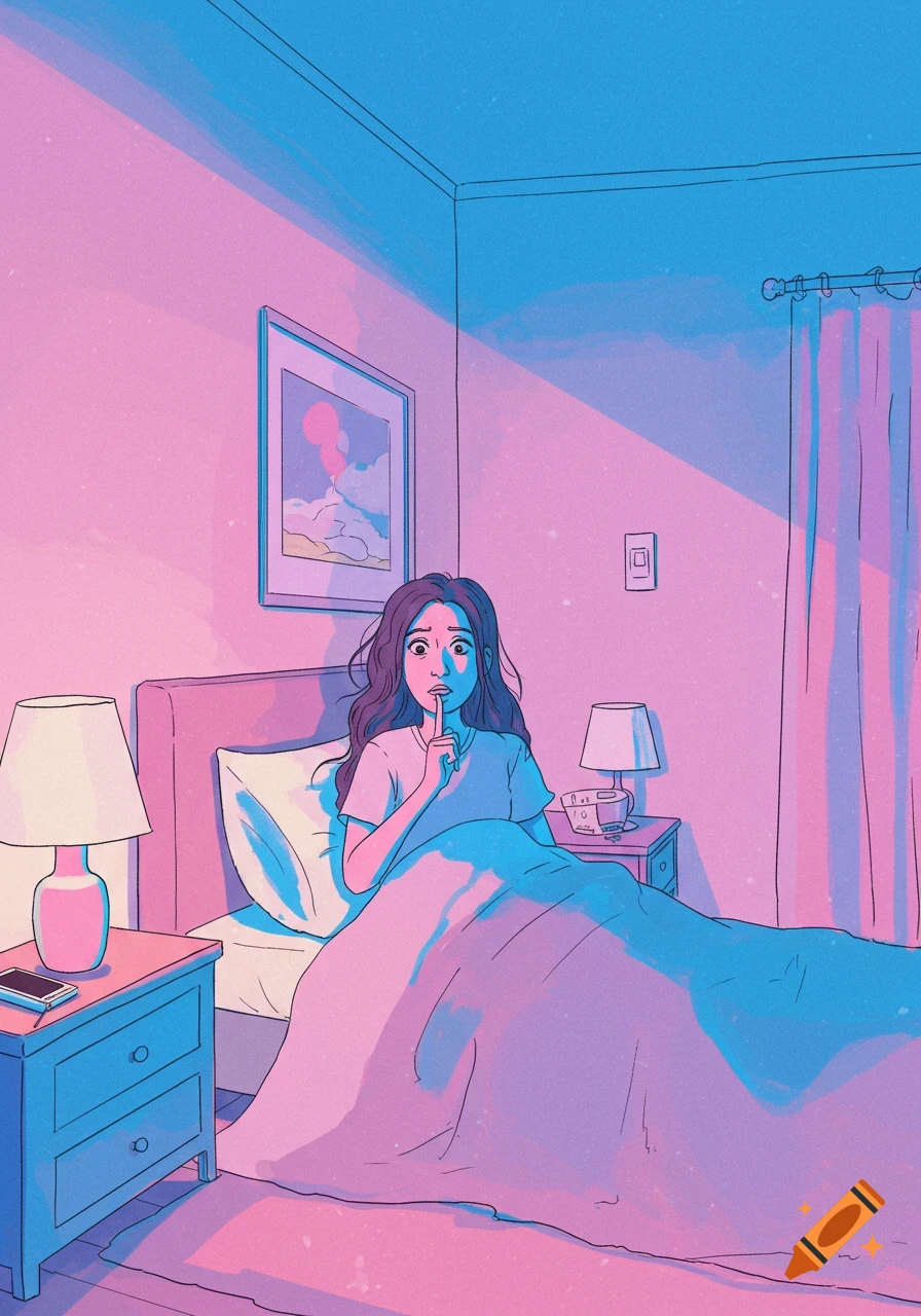 An illustration of a woman sitting up in bed in a pink and blue room, making a shush gesture.