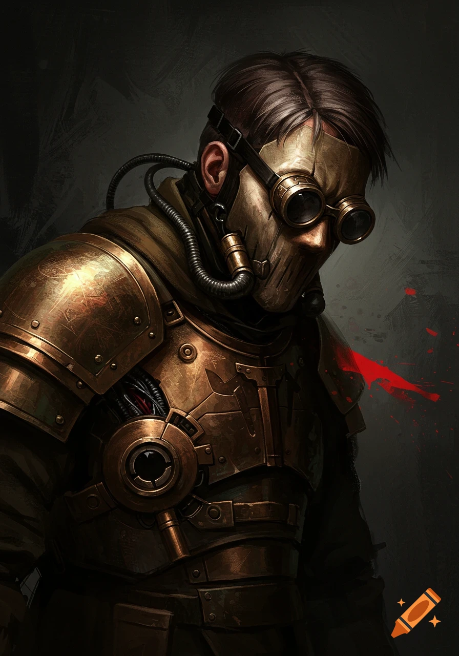 Close-up digital painting of a desolate steampunk figure with a half-mask, goggles, bronze armor, and a red splash.