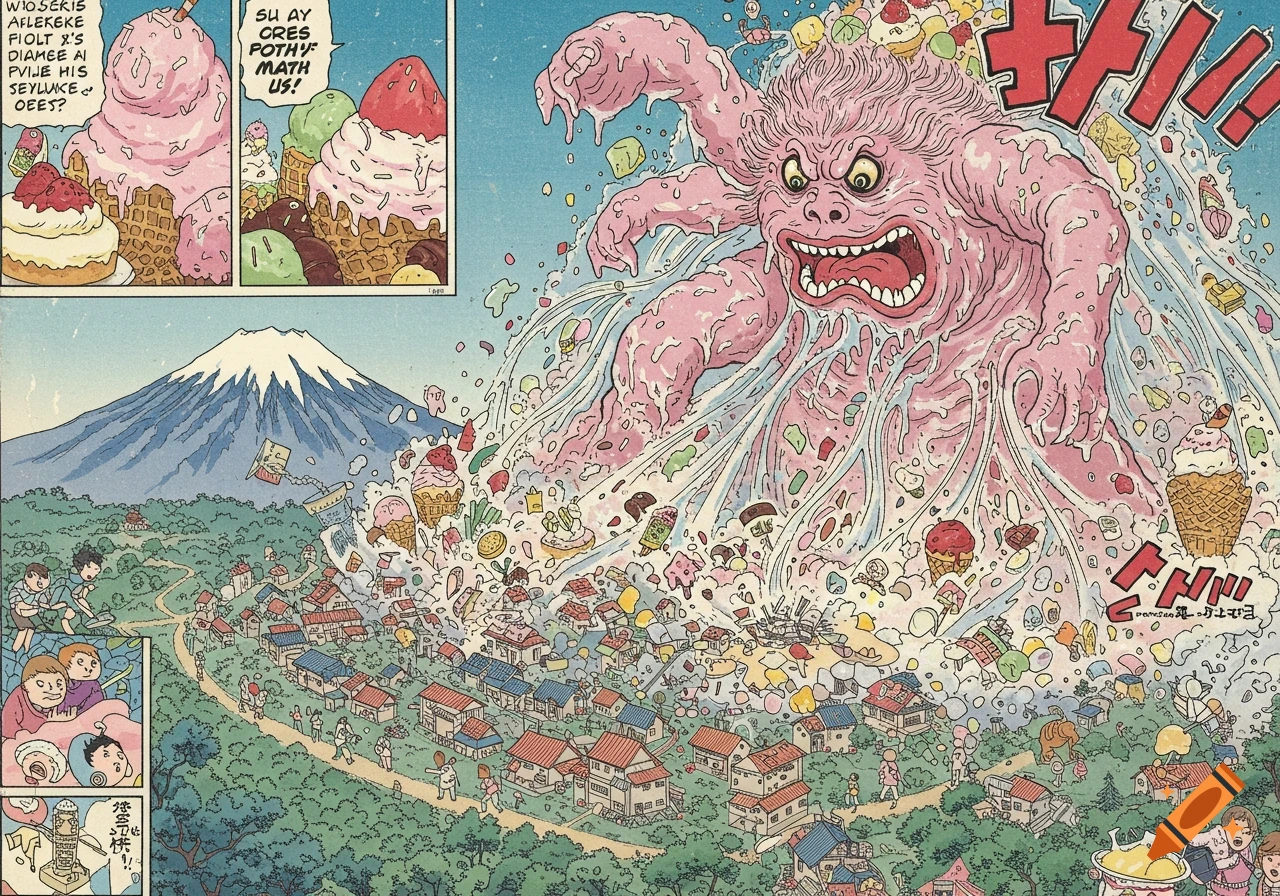 An angry, melting pink ice cream monster attacks a mountain town, causing a dessert avalanche, in a vintage manga and ukiyo-e style with pastel colors.