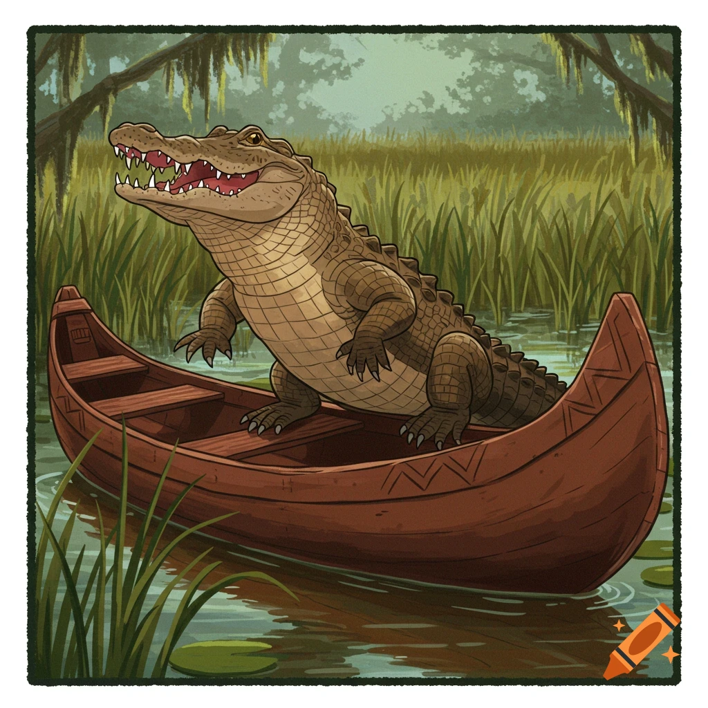 A smiling cartoon alligator stands in a brown wooden canoe in a green swamp filled with tall grass and lily pads.