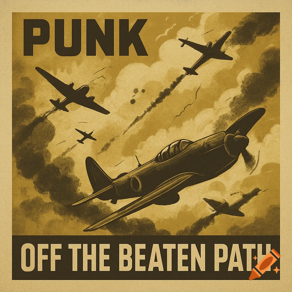 Vintage gold-tone propaganda poster of an air battle with planes and smoke, featuring 'PUNK' and 'OFF THE BEATEN PATH' text.