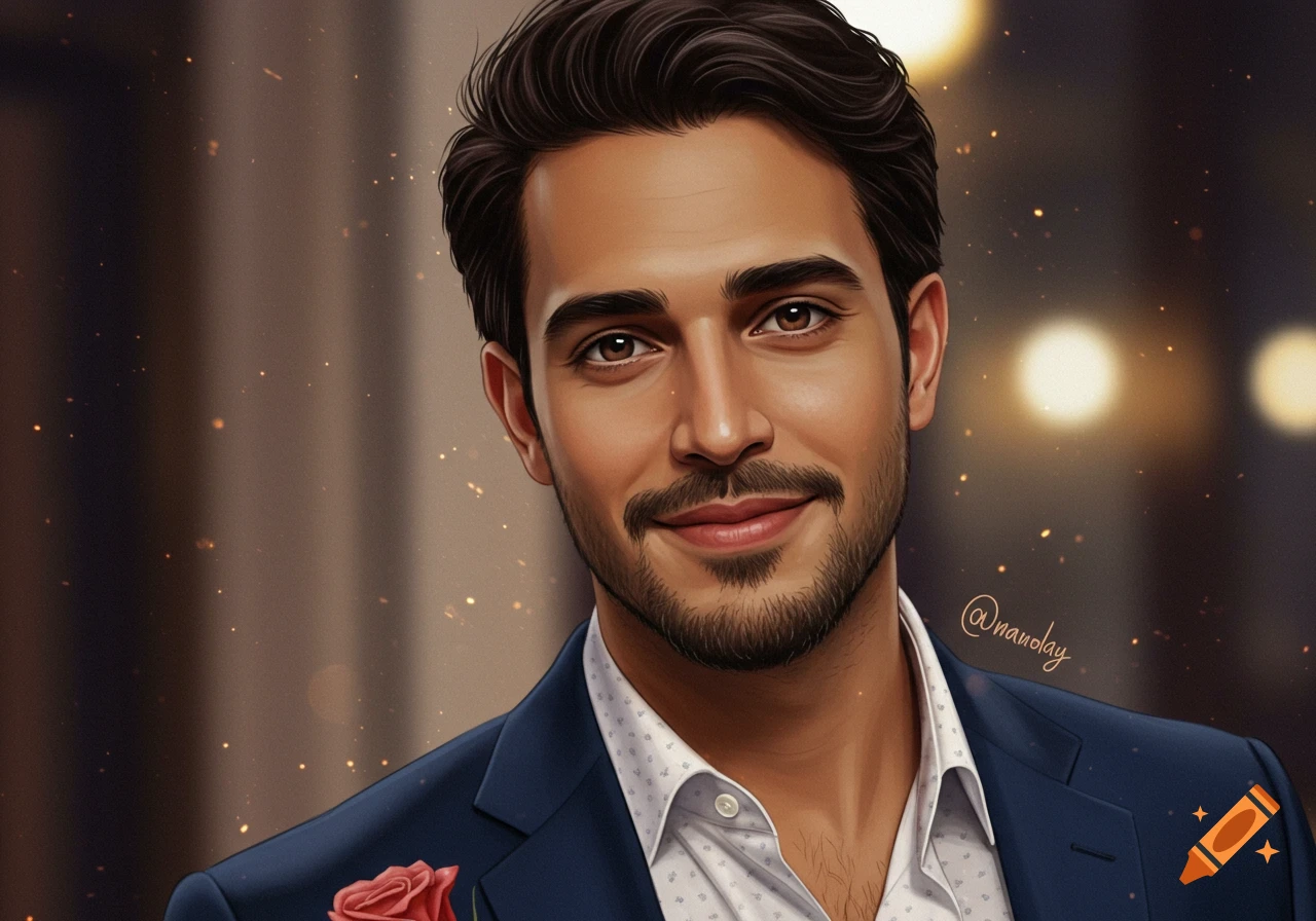 A close-up digital art portrait of a handsome man with dark hair, brown eyes, and a beard, wearing a suit jacket and a white patterned shirt, with a red rose on his lapel. He smiles subtly with a blurred background.