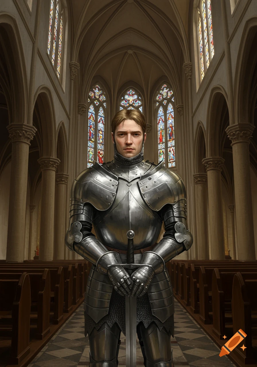 A photorealistic image of a knight in polished armor standing in the aisle of a church, holding a sword.
