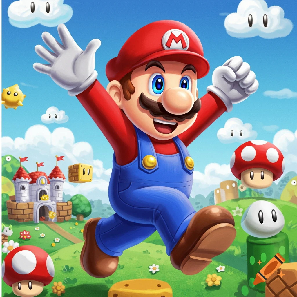 Mario jumps in a vibrant cartoon landscape with clouds, coins, mushrooms, and a castle.