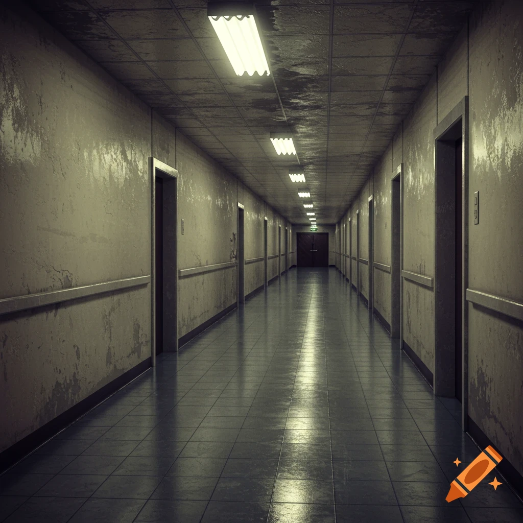 A long, dimly lit, and grungy hallway with numerous closed doors on both sides and fluorescent lights illuminating the tiled floor, creating a spooky liminal space.