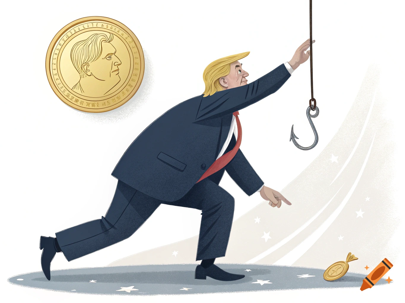 An illustration of Donald Trump reaching for a fish hook, with a large coin and a small coin on the ground.