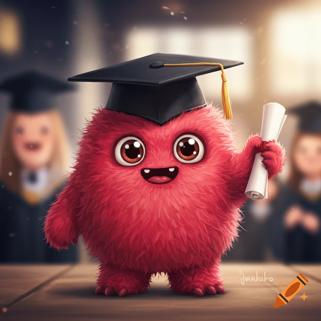 A cute fluffy red monster wearing a black graduation cap and holding a rolled-up diploma, standing on a wooden surface with a blurred background of other graduates.
