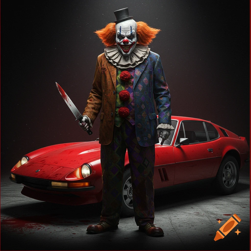 Photorealistic image of a sinister clown with a bloody knife standing in front of a red vintage car.