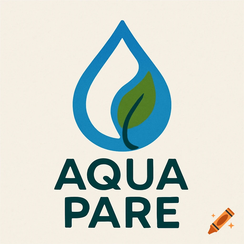 A stylized logo featuring a blue water drop with a green leaf inside, above the dark green text "AQUA PARE" on a light background.
