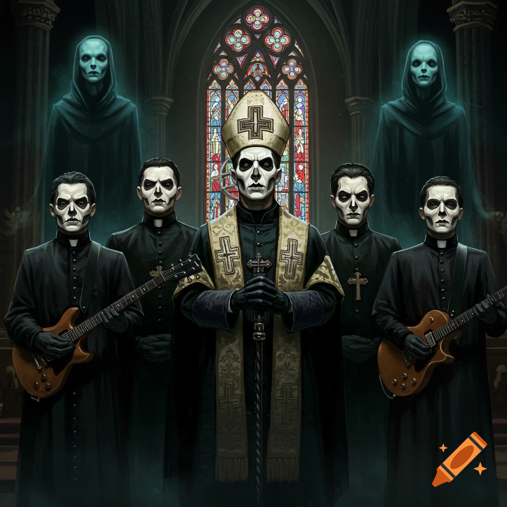 Five musicians in clerical and skull makeup with guitars standing in a gothic church, with two ghostly figures.