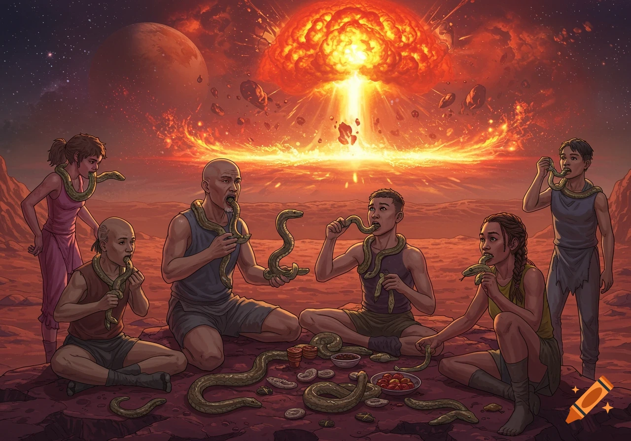 A group of people on a red, barren Martian landscape are sitting and eating snakes, with a massive explosion on the horizon.