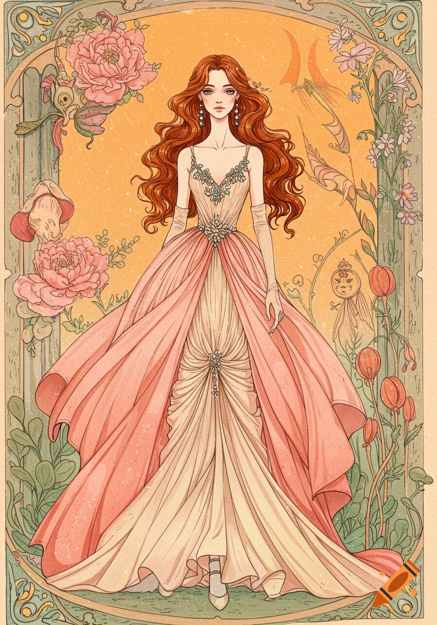 Art Nouveau illustration of a woman with long red hair in an ornate pink and cream gown, surrounded by floral borders.