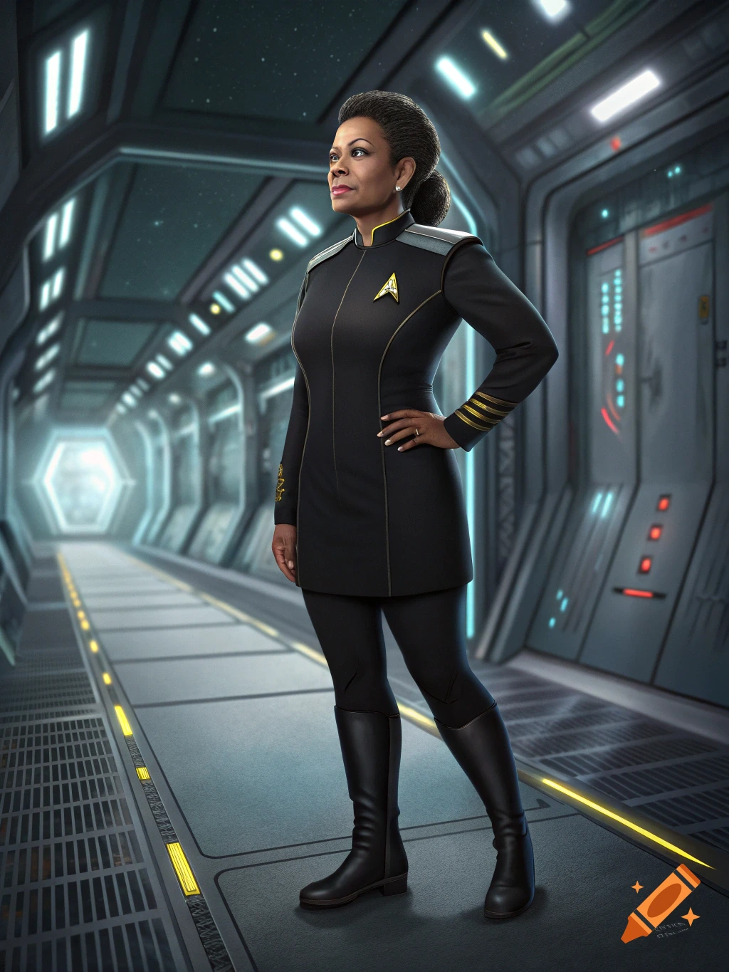 A photorealistic depiction of a woman in a black Starfleet uniform standing confidently in a spaceship corridor.