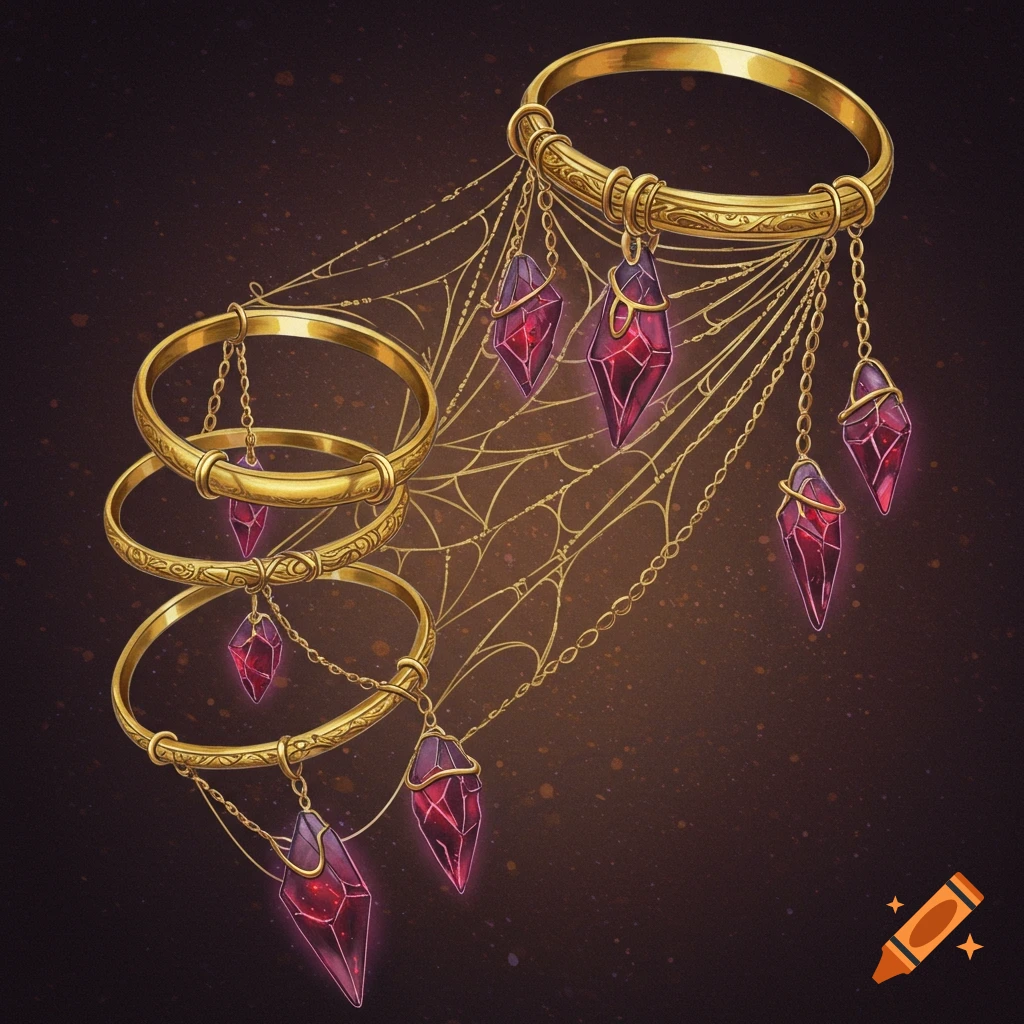 Intricate gold bracelets and chains connected by a web-like structure, adorned with glowing red crystal shards.