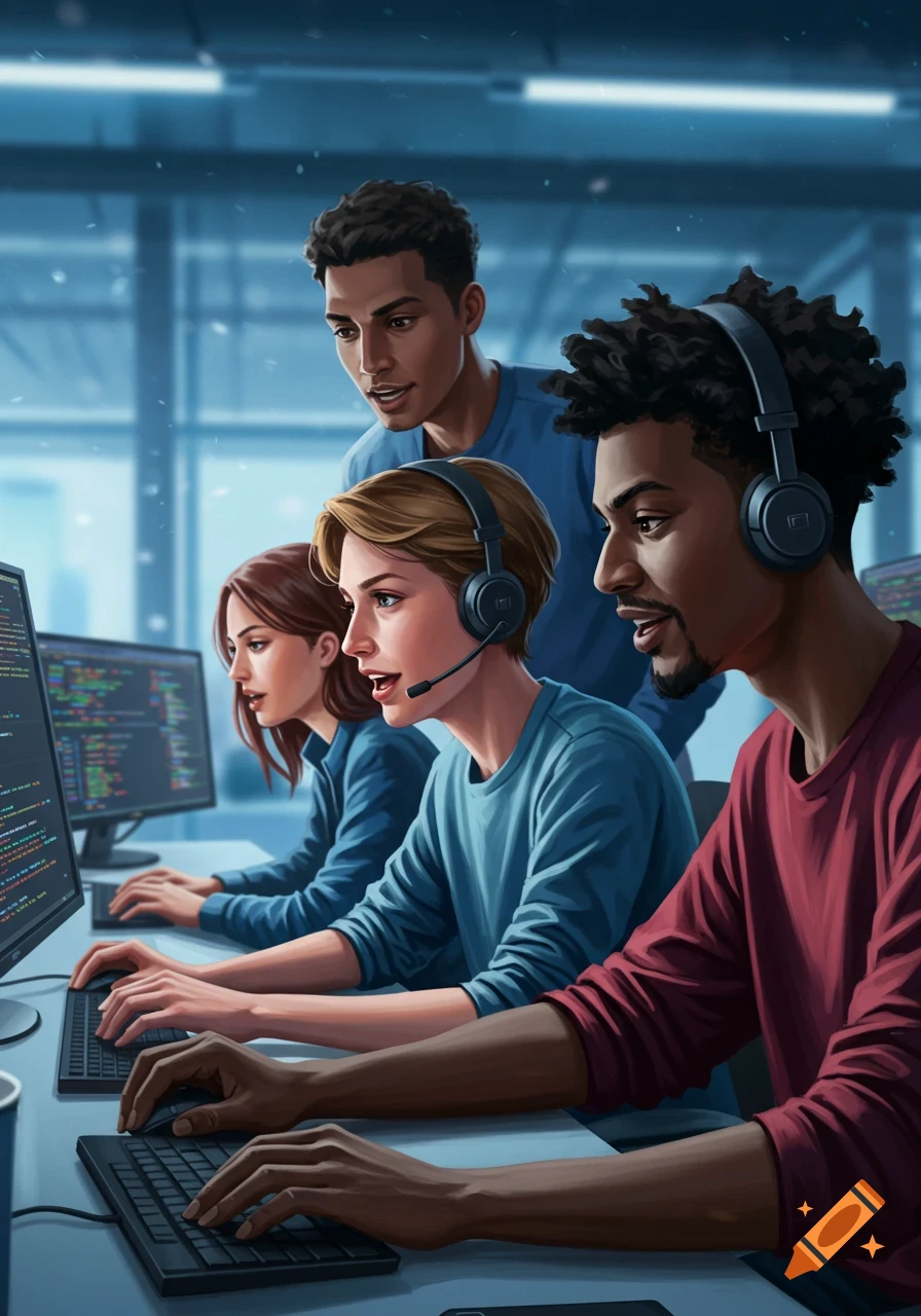 Group of diverse computer scientists collaborating in a modern office, working on computers with lines of code on screens. Art style.
