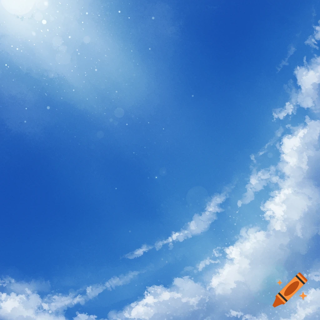 Bright blue sky with white clouds along the bottom and right, and rays of light from the top left.