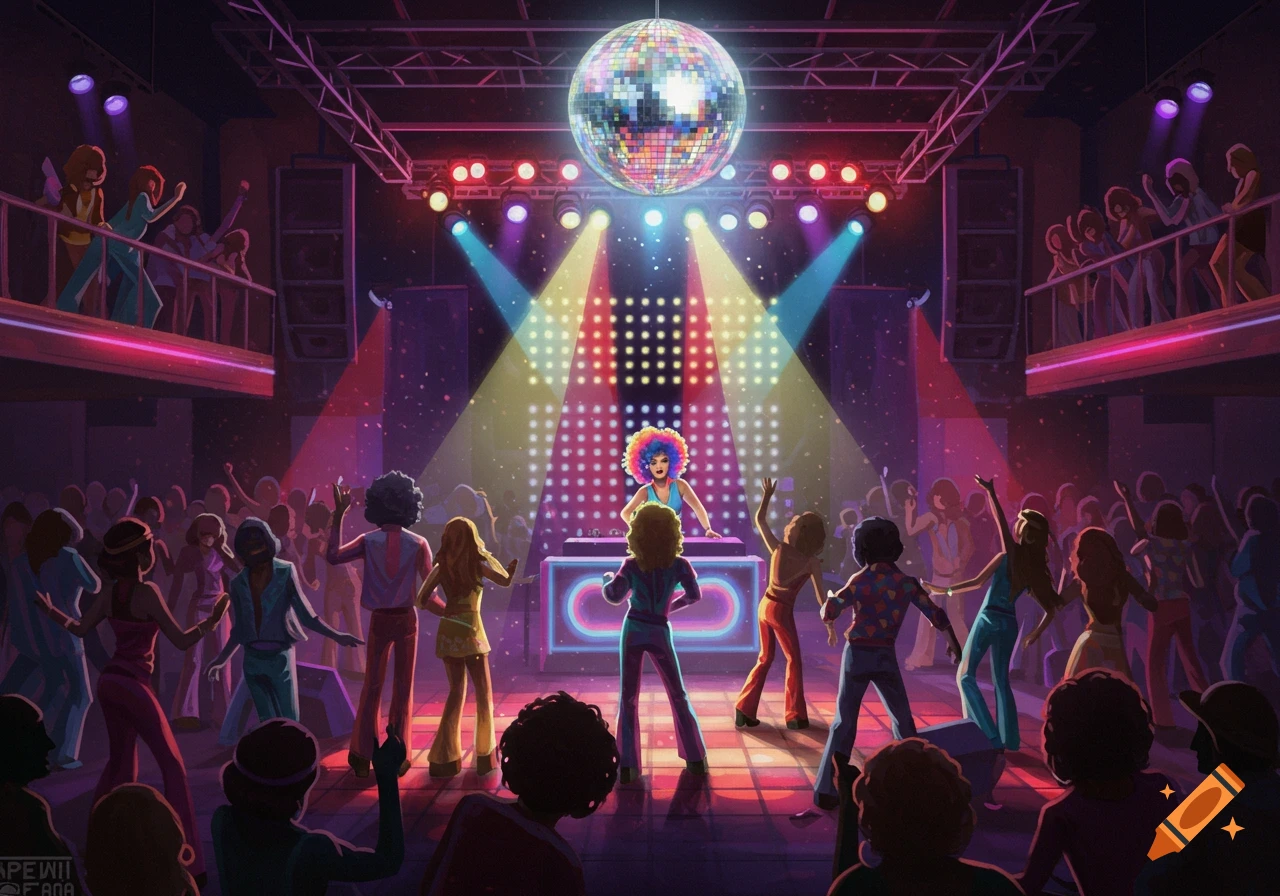 A vibrant disco club scene with a large disco ball, colorful lights, and stylized people dancing around a DJ with a rainbow afro.