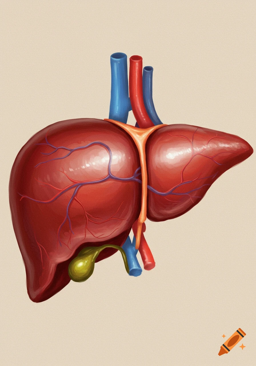 An illustration of a human liver with its associated blood vessels and gallbladder on a plain background.