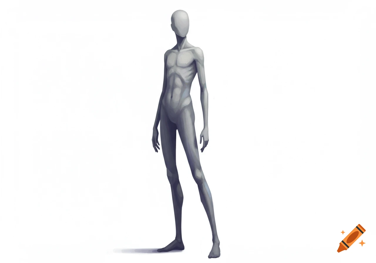 A grey, slim, featureless humanoid figure stands against a white background, rendered in a stylized, smooth artistic style.